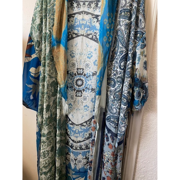 Free People I Kimono Duster Open Front One Size Sheer Silk Blue Boho Intimates - Picture 7 of 12